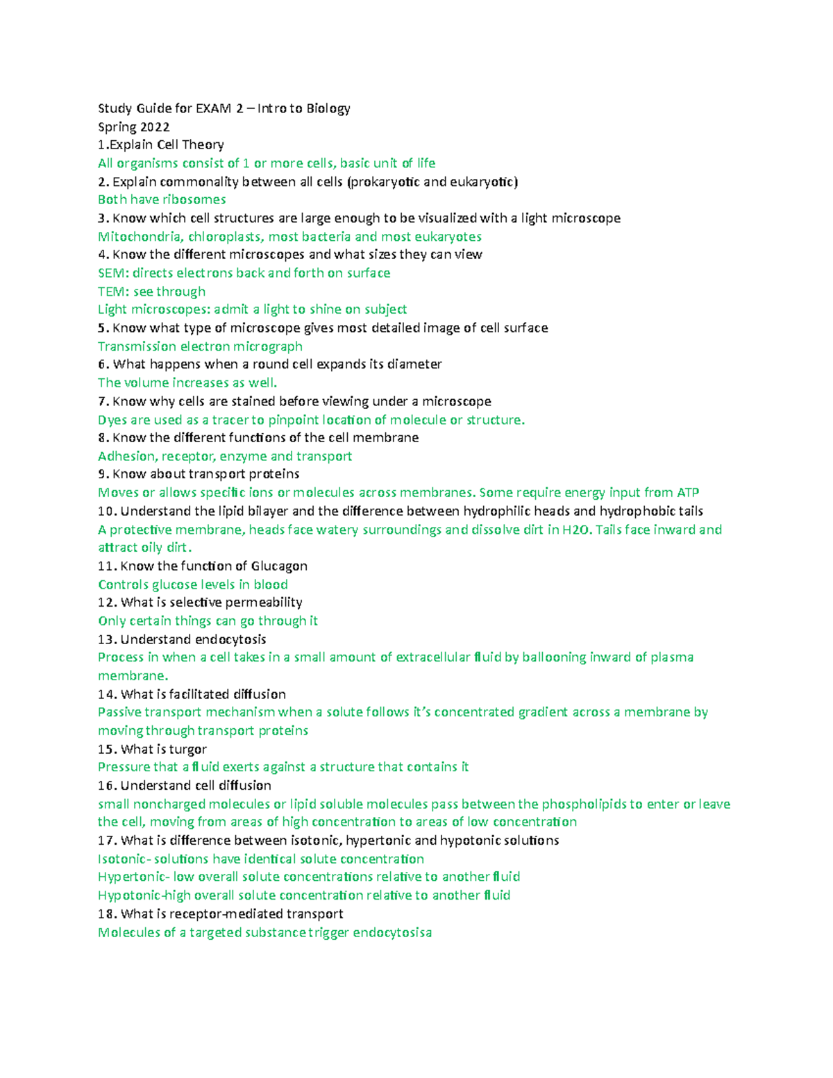 Study Guide for BIO 202: Exam 2 - Cell Theory & Structures - Studocu
