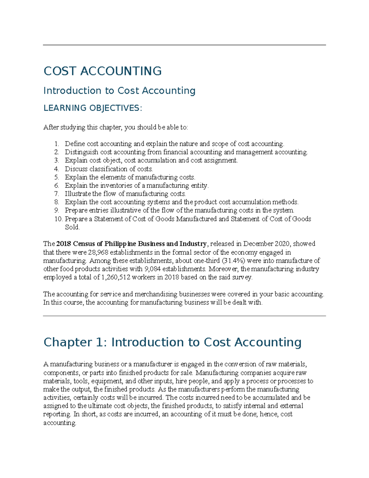 COST ACCOUNTING CH1: Introduction to Cost Accounting Concepts - Studocu
