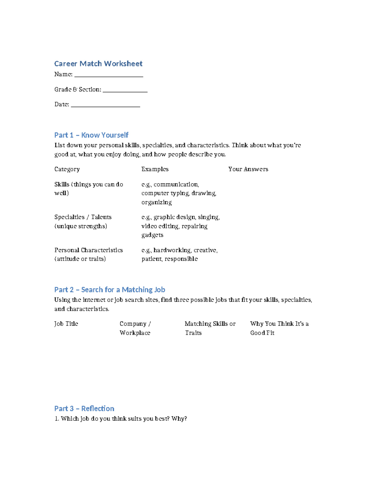 Career Match Worksheet: Discovering Your Ideal Job Fit - Studocu