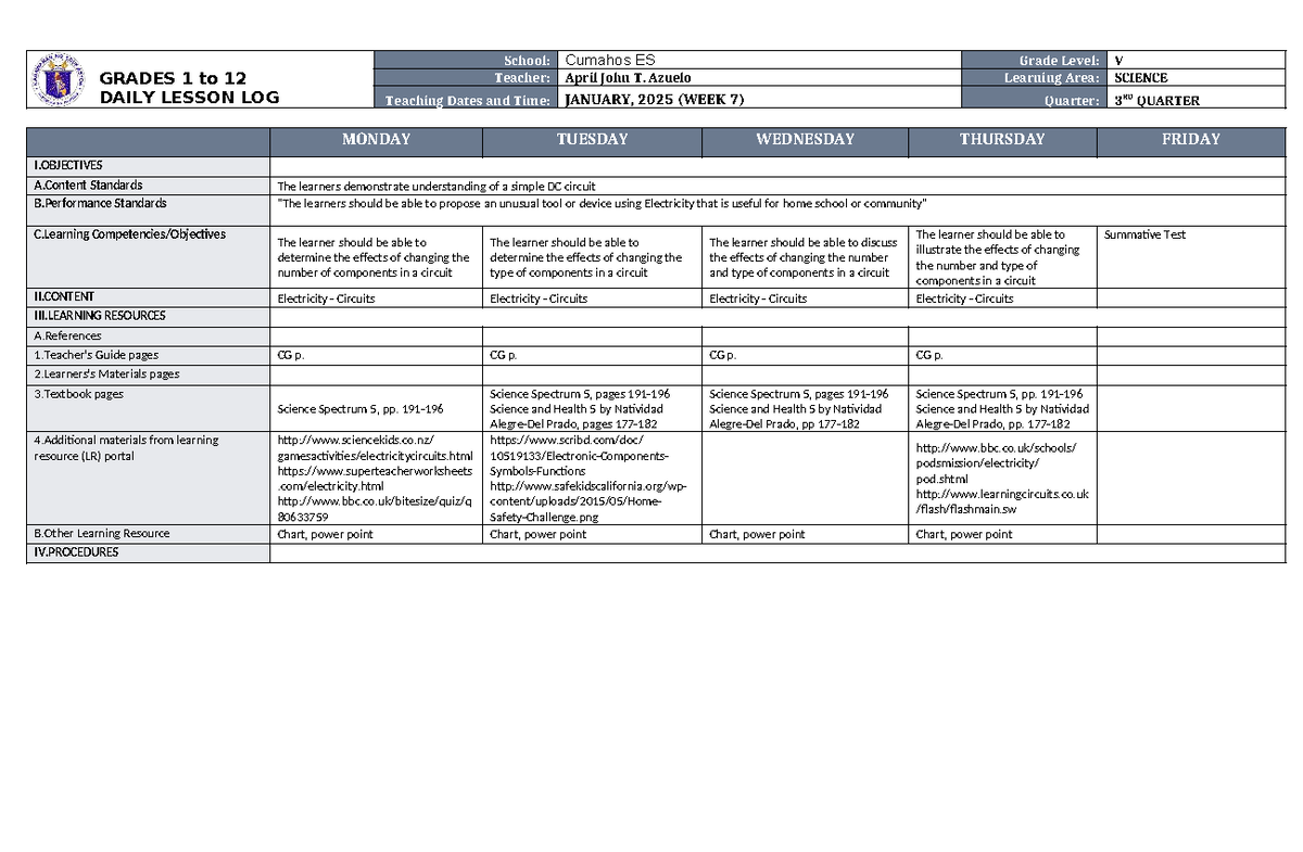 DLL Science 5 Q3 W7 - filipino 5 - GRADES 1 to 12 DAILY LESSON LOG ...