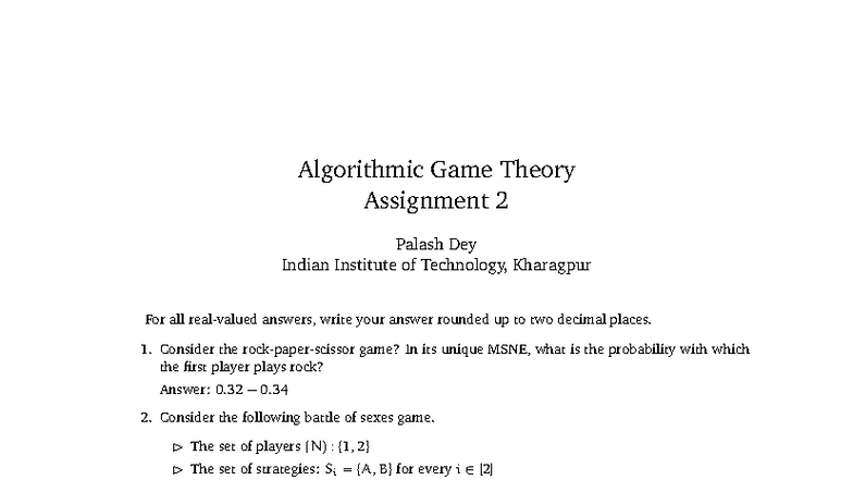 Algorithmic Game Theory Assignment 2 Answers - IIT KGP - Studocu
