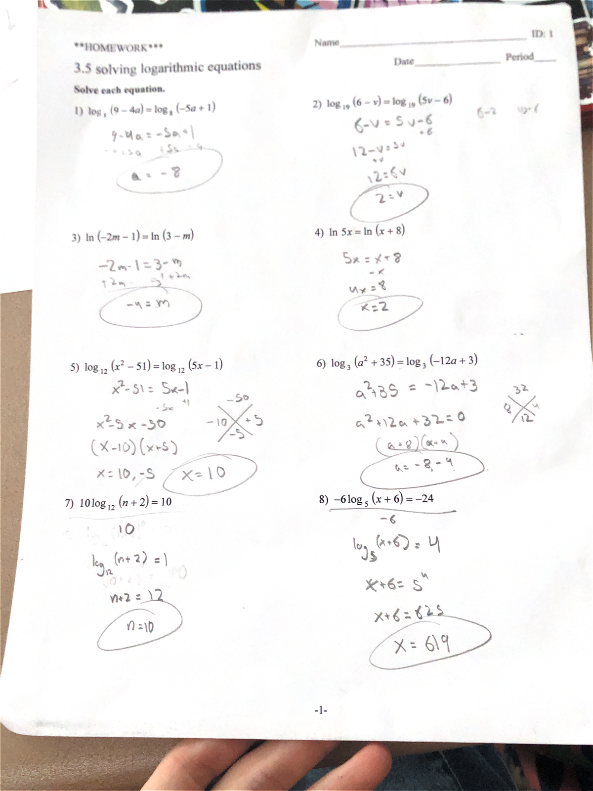 3-5 solving log equations HW (Feb 25, 2025 at 12:49 PM) - ID: I Name ...