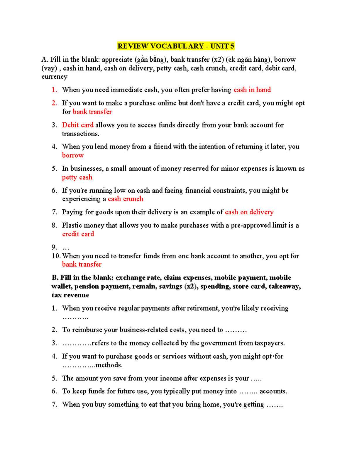 REVIEW VOCABULARY UNIT 5-8: Fill in the Blanks & Key Terms - Studocu