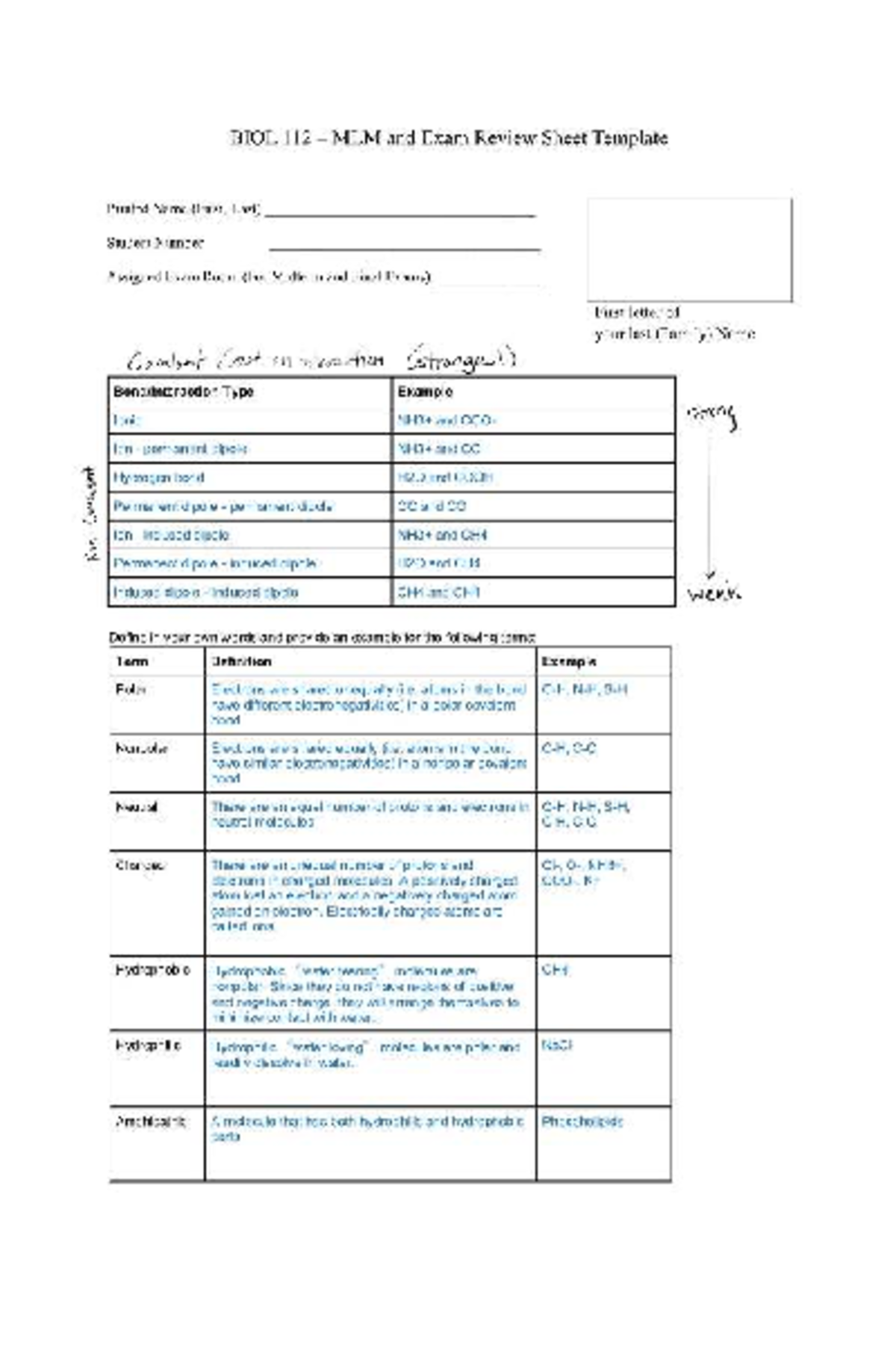 BIOL 101 Midterm Exam Review Sheet: Covalent Bonds & Definitions - Studocu