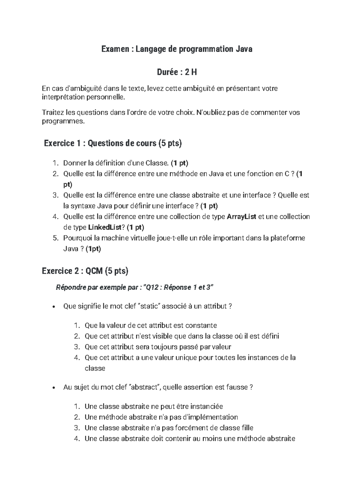 Examen : Langage de programmation Java - SSWD - Questions et Exercices ...