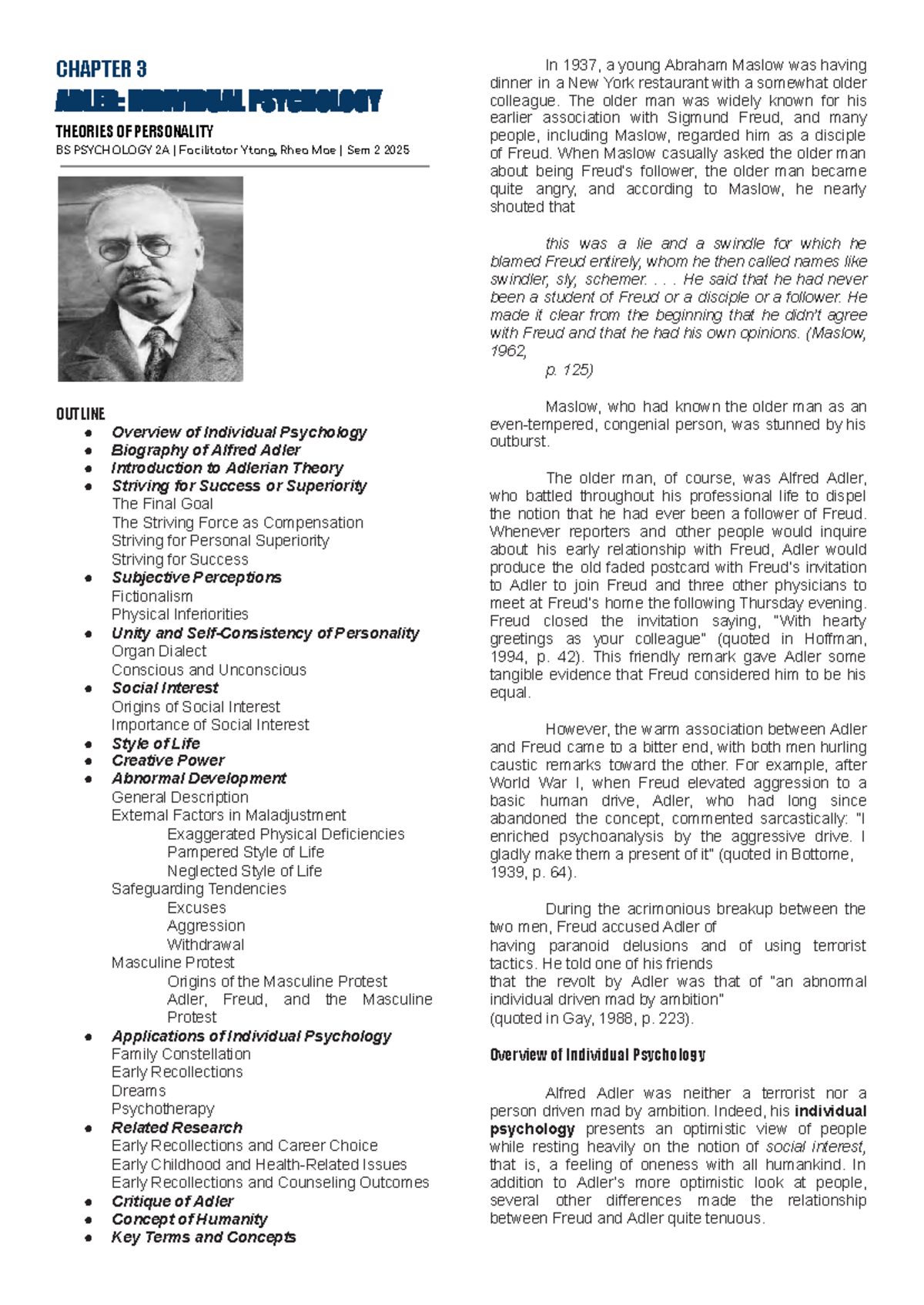 CHAPTER 3 ADLER: INDIVIDUAL PSYCHOLOGY THEORIES OF PERSONALITY BS ...