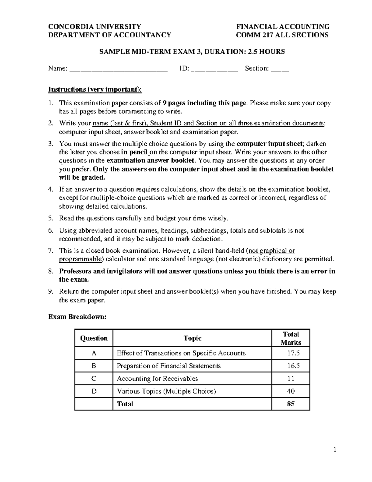 Sample Mid-term Exam 03 for COMM 217 - Financial Accounting - Studocu