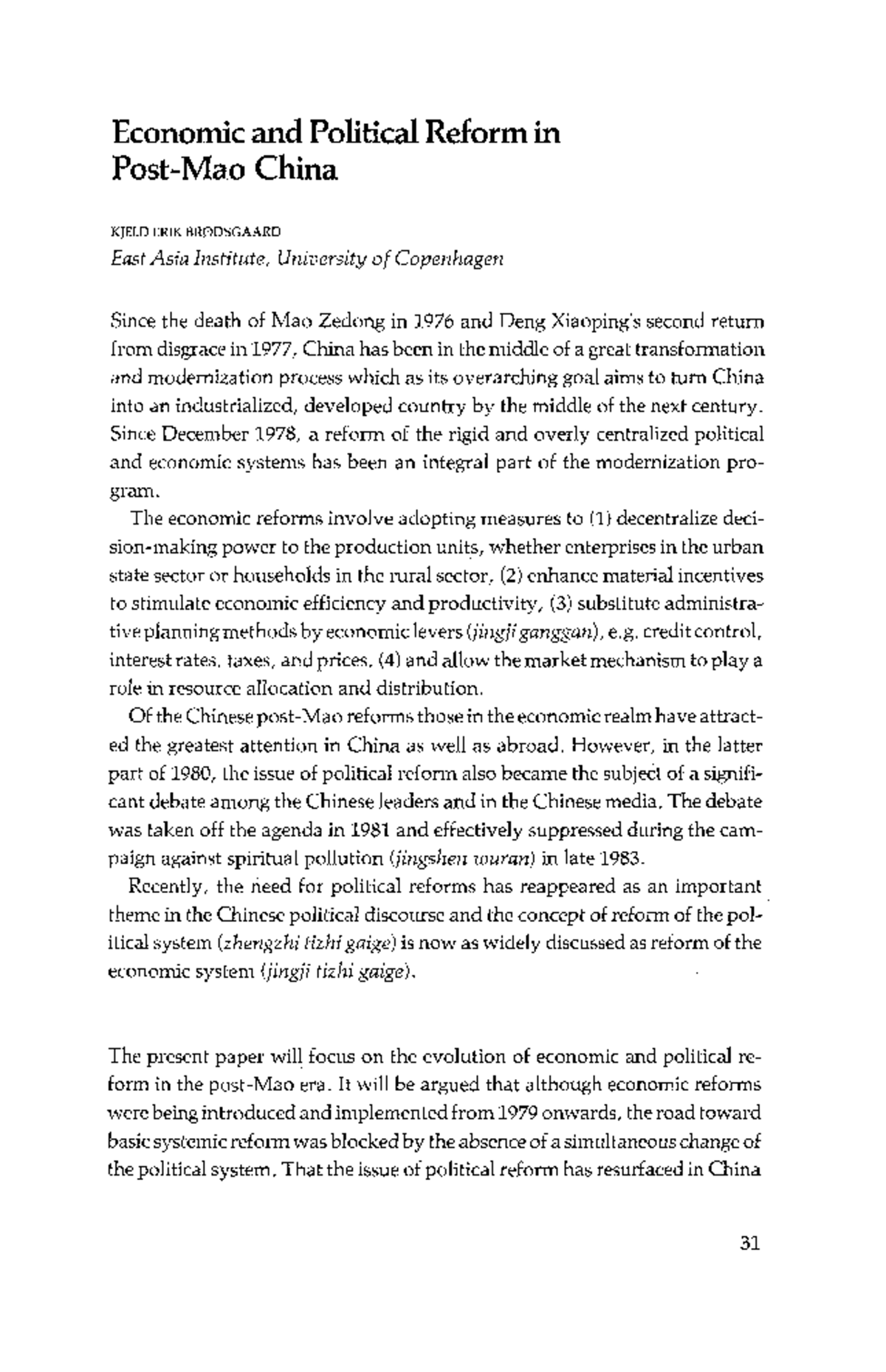 Economic and Political Reform in China: A Comprehensive Analysis KJELD ...