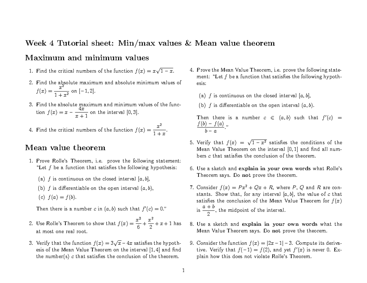 MATH 101: Week 4 Practice on Max/Min Values & Mean Value Theorem - Studocu