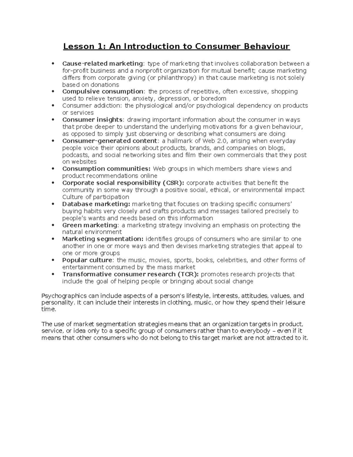 MKTG 406 - L1-5 - Comprehensive Summary of Consumer Behaviour Lessons ...