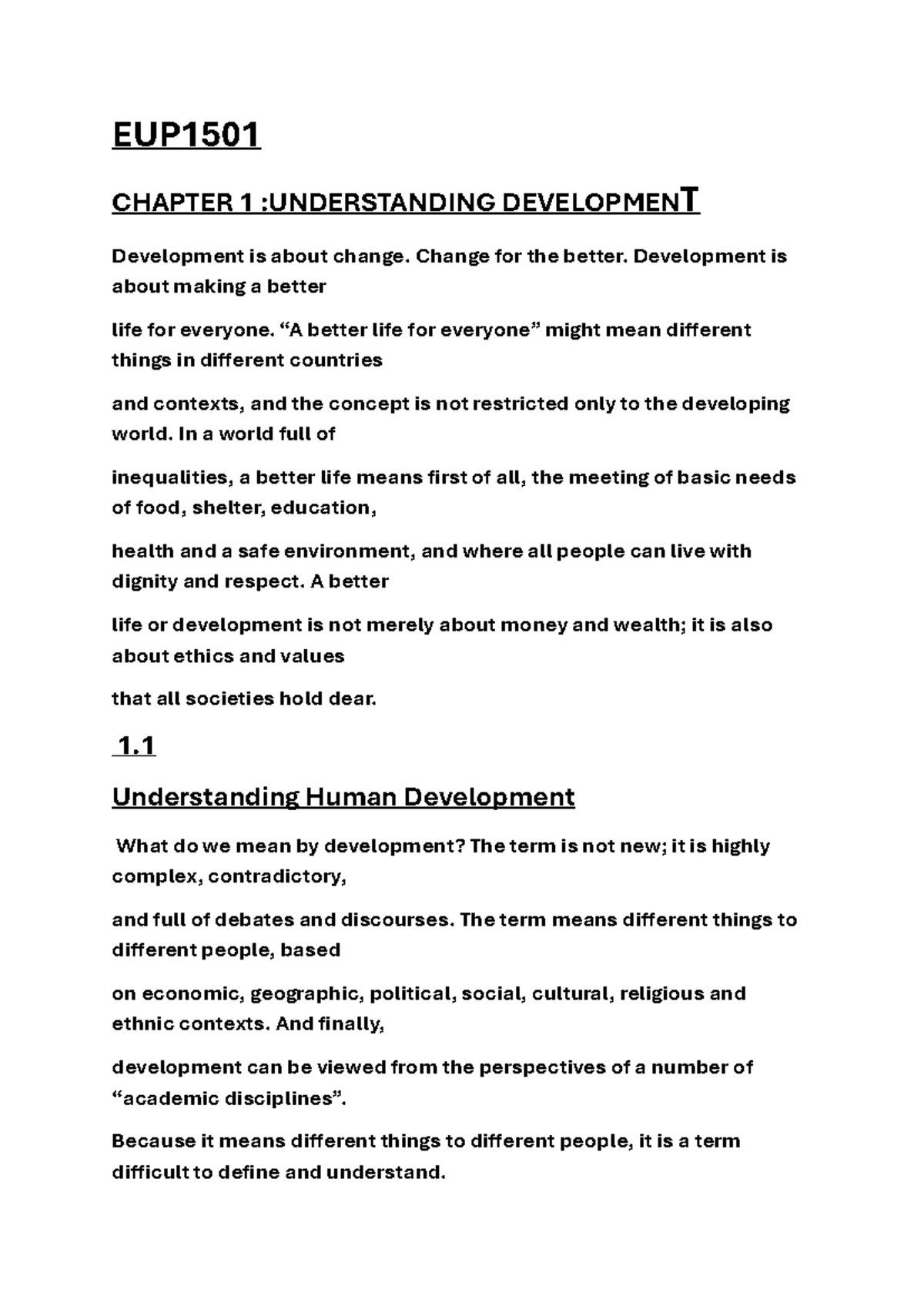 EUP1501 Chapter 1 Summary: Understanding Development Concepts - Studocu