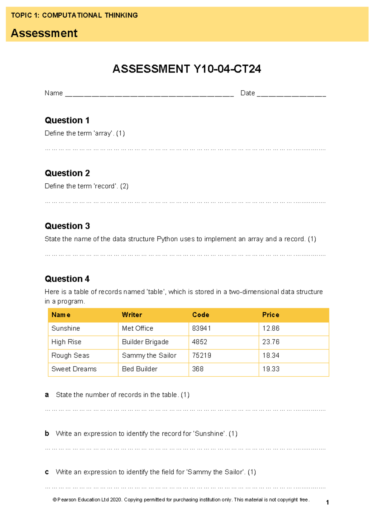 Y10 04 CT24 Computational Thinking Assessment Questions - Studocu