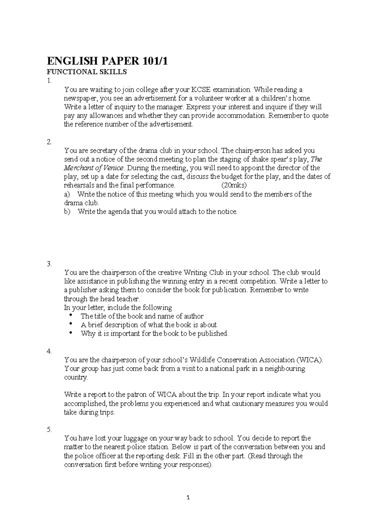 KCSE ENGLISH PAPER: FUNCTIONAL SKILLS 1 - TOPICAL QUESTIONS - Studocu