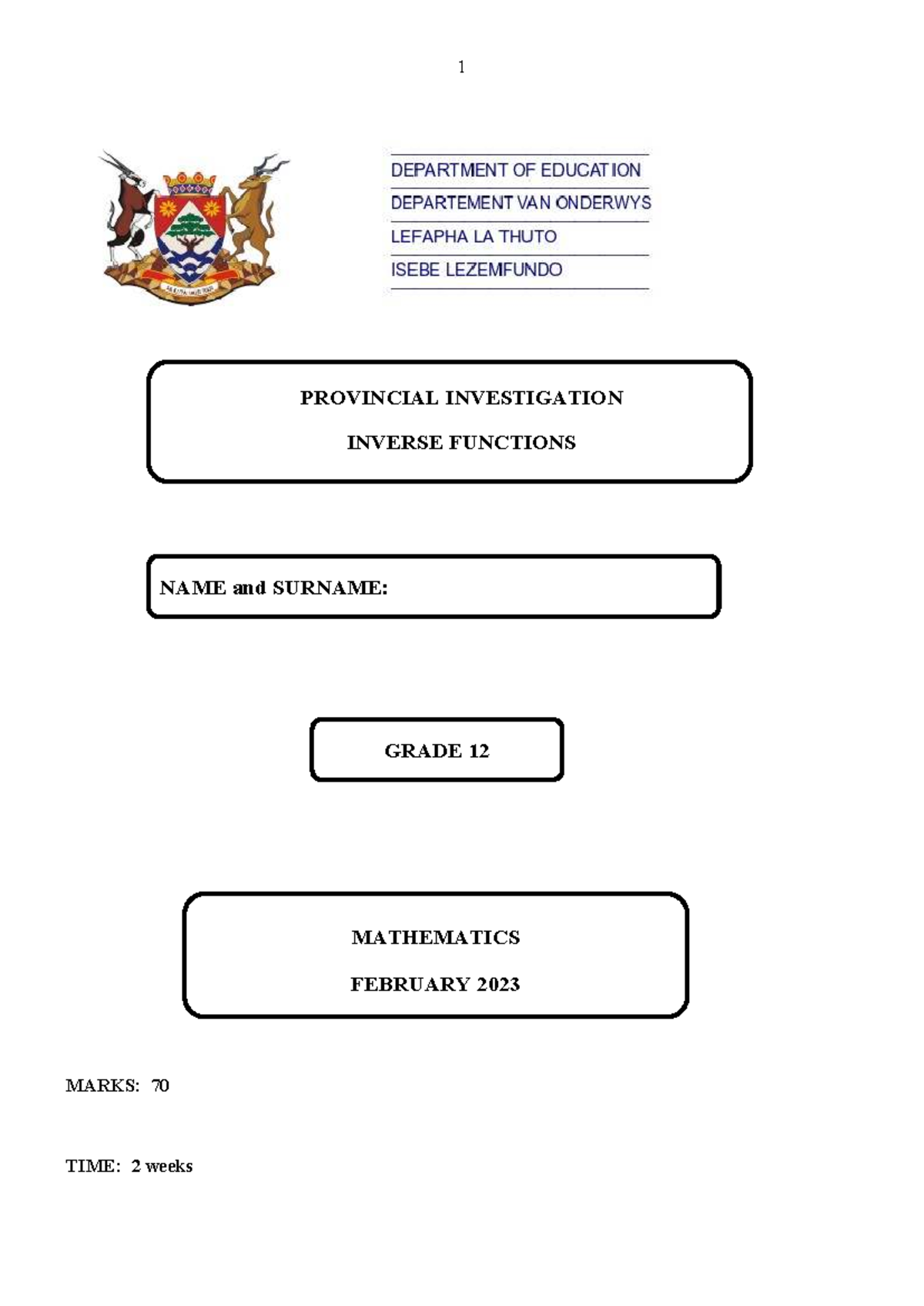 Gr 12 Mathematics Inverse Function Investigation - February 2023 - Studocu