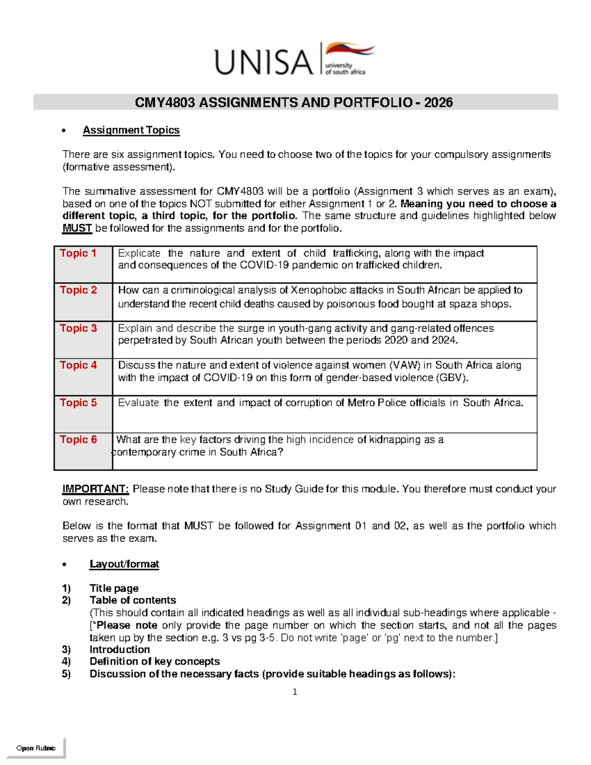 CMY4803 Assignments & Portfolio Guidelines for 2026 - Studocu