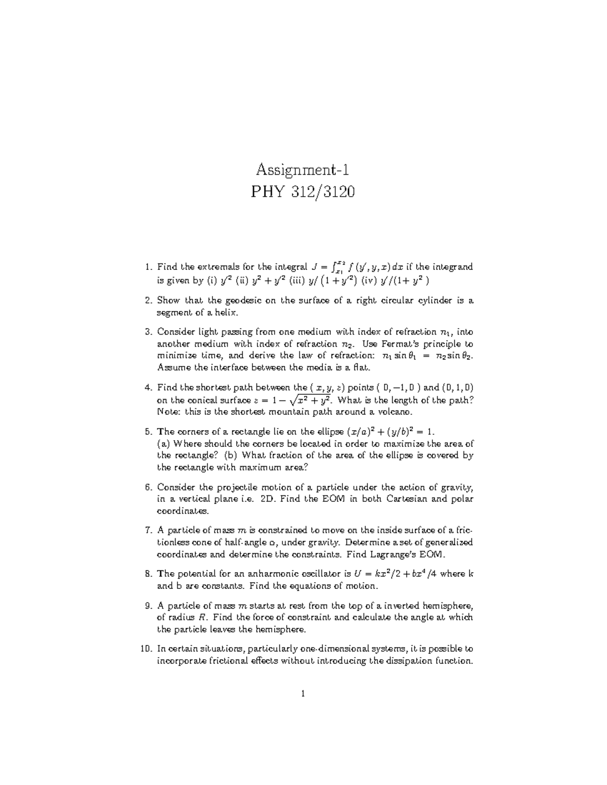 PHY 312 - Assignment 1: Classical Mechanics Problems and Solutions ...