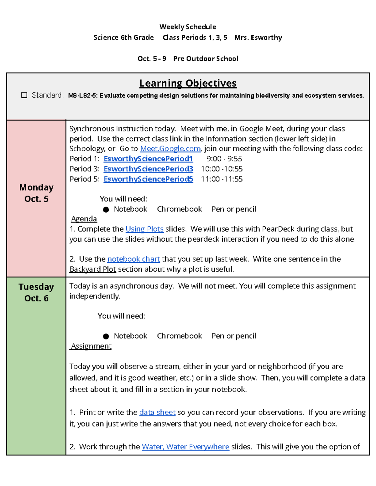 Weekly+ Schedule++Oct+5+-+9++Pre-Outdoor+School+++Classes+1,3,5 ...