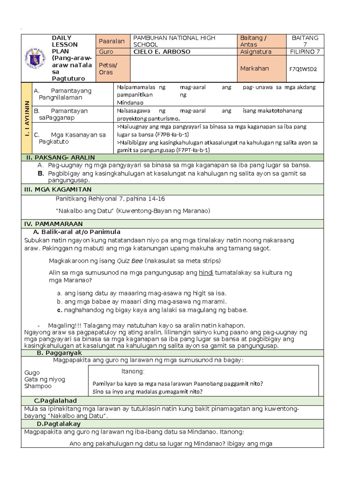 Q1 W2D2 - Filipino 7 Daily Lesson Plan on Fables and Morals - Studocu