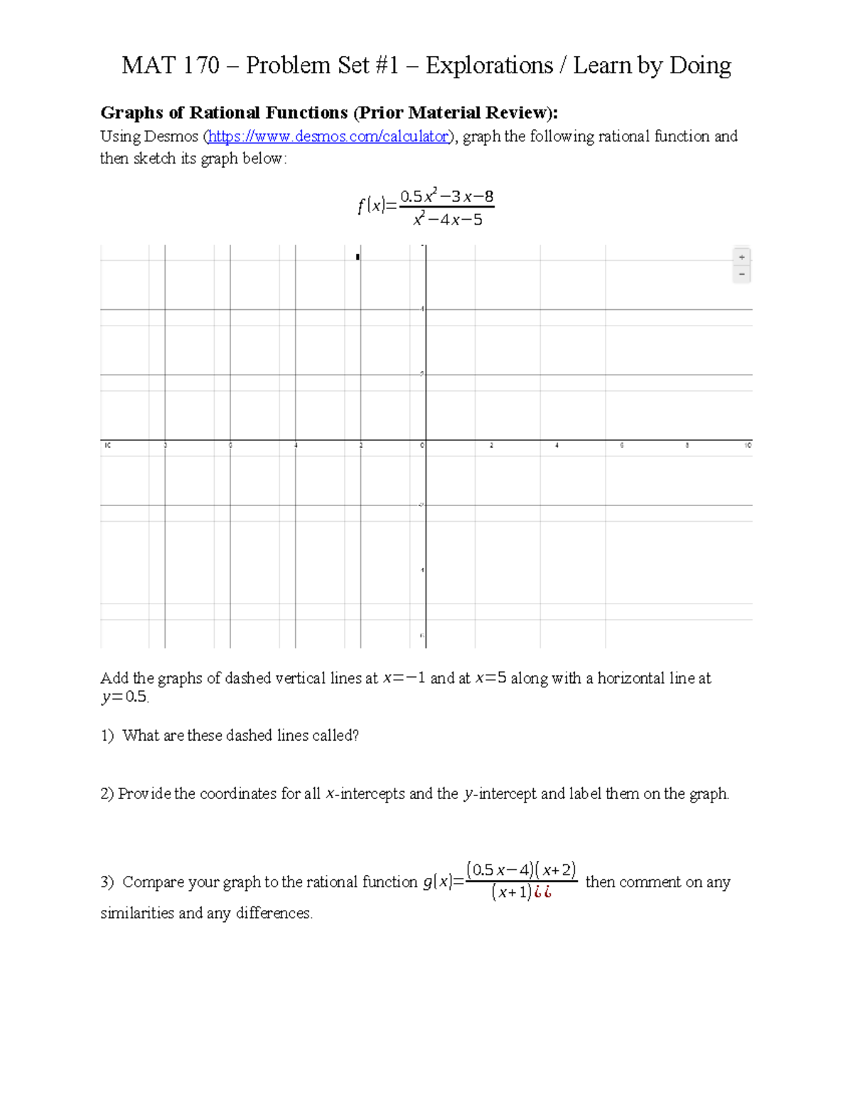 MAT 170 Problem Set #1 - Graphing Rational Functions & Good Deeds ...