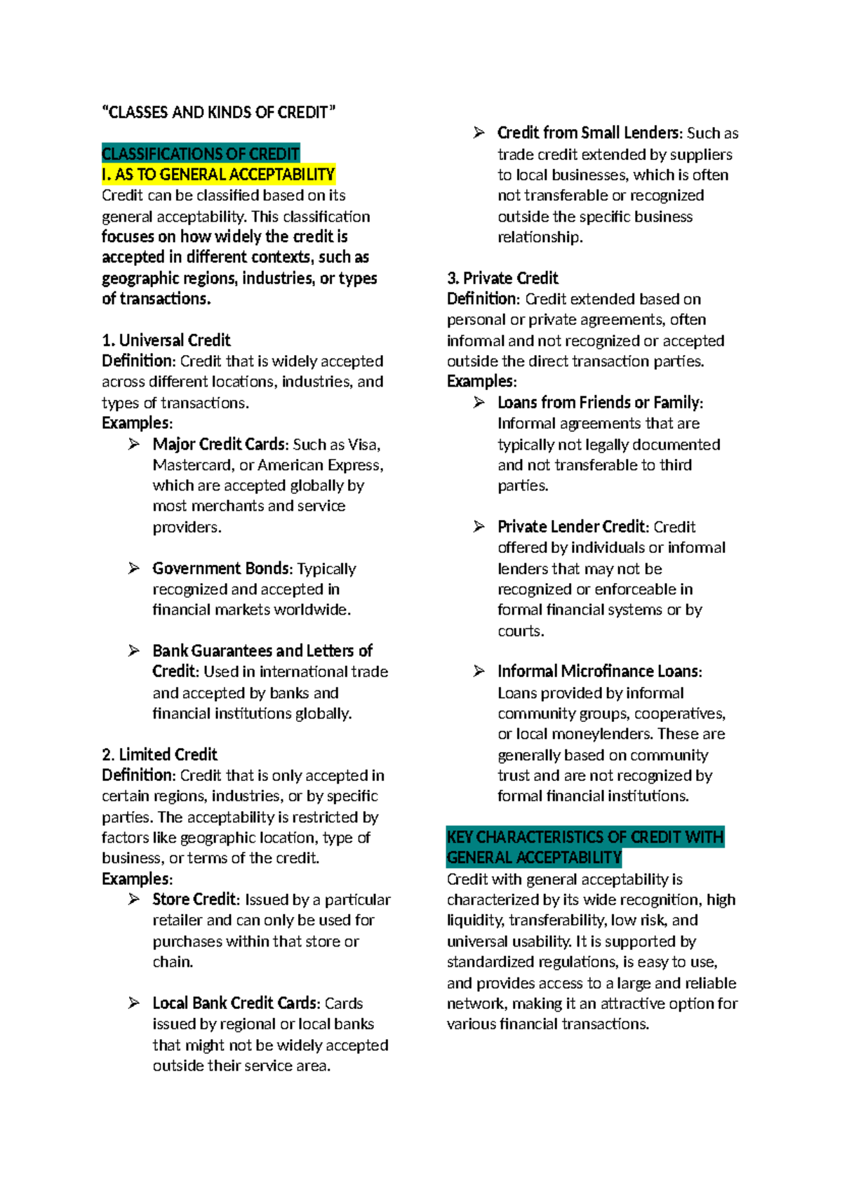 Credit Classifications: Understanding Classes & Types of Credit - Studocu