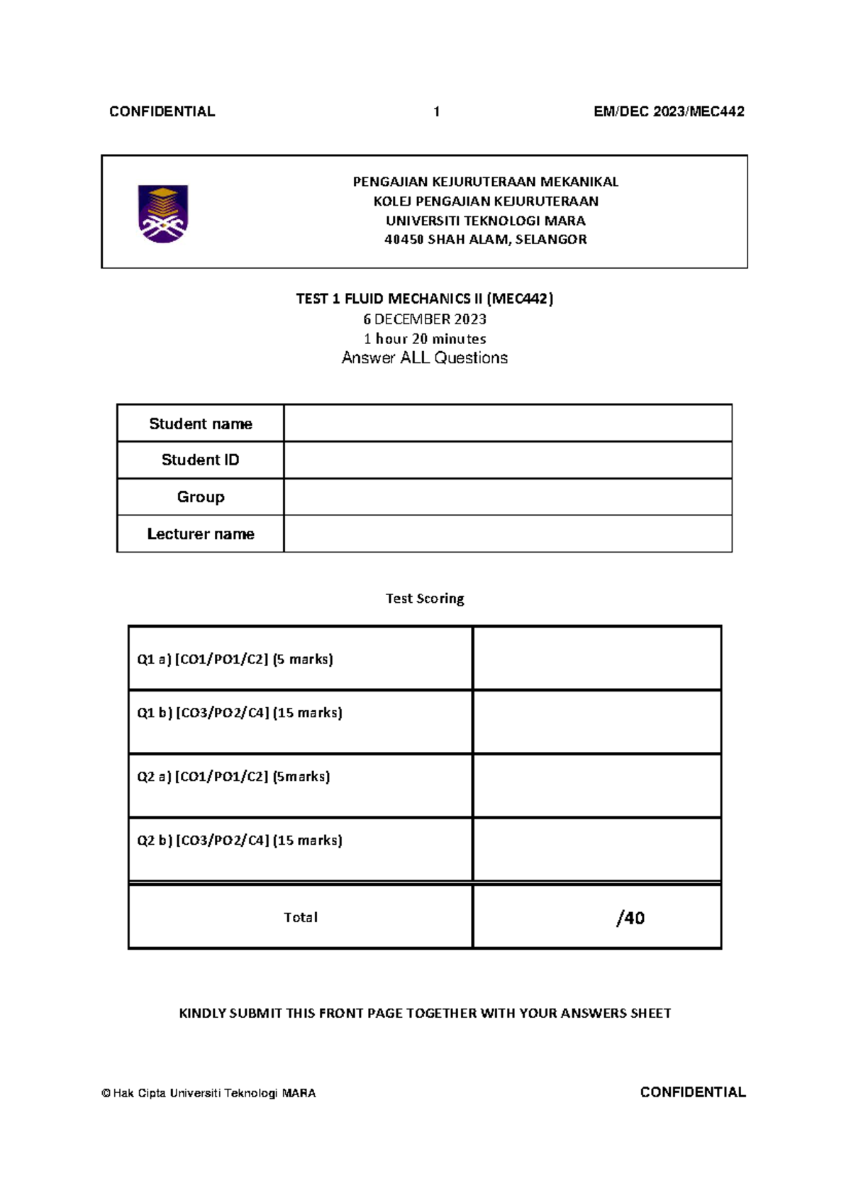 MEC442 TEST 1: FLUID MECHANICS II - DEC 2023 - Studocu