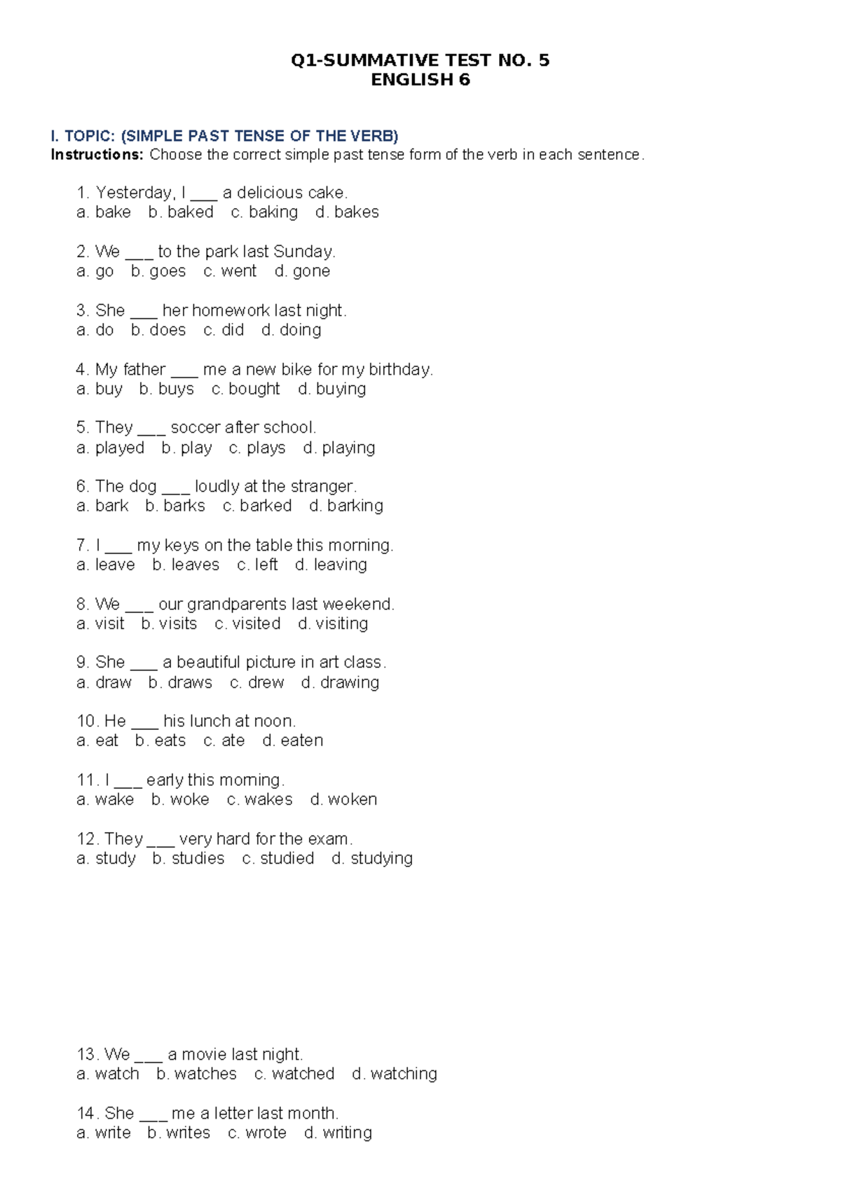 TEST NO. 5: SIMPLE PAST & FUTURE TENSES (ENGLISH 6) - Studocu