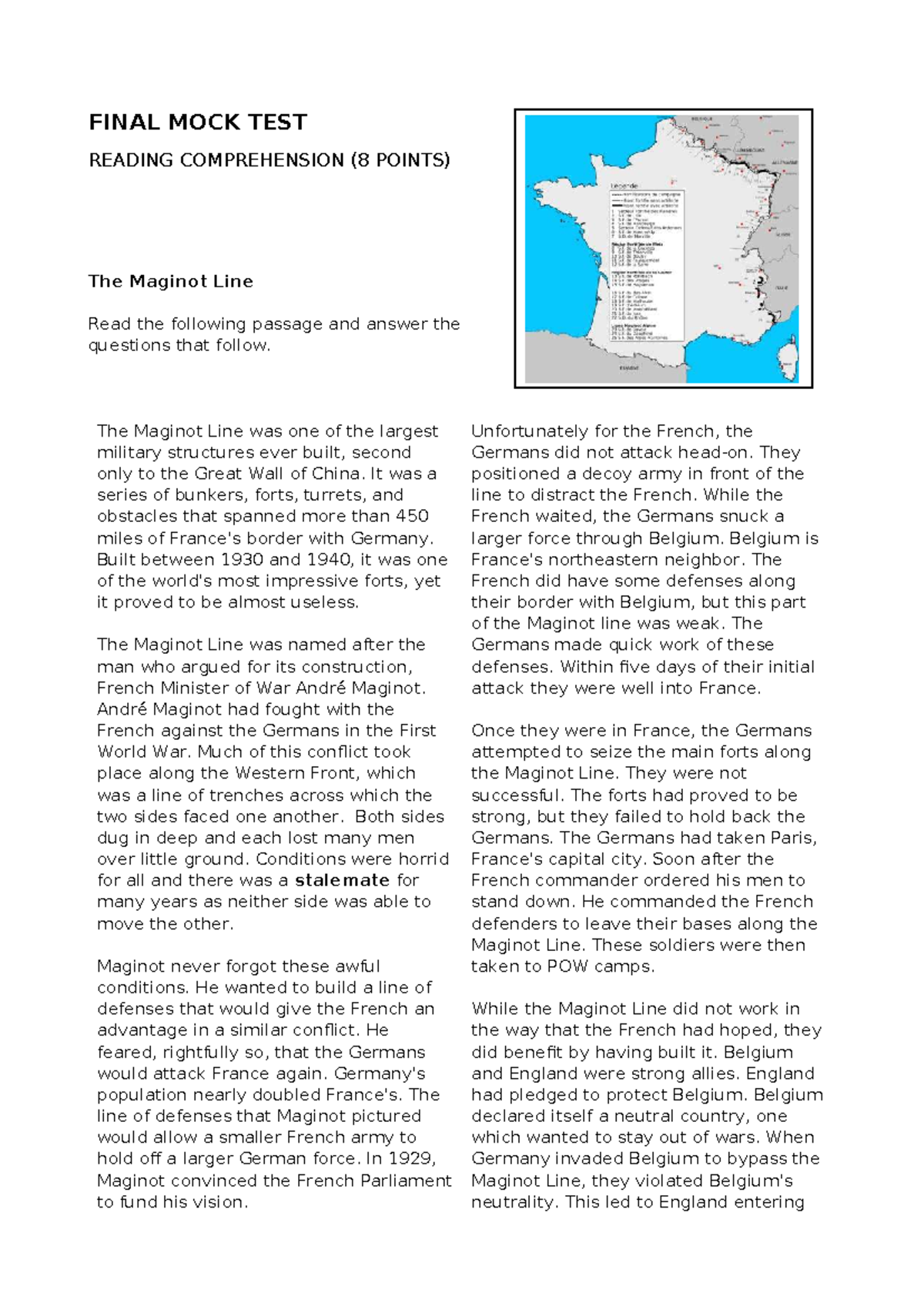 KEY Final MOCK TEST - Reading Comprehension on The Maginot Line - Studocu
