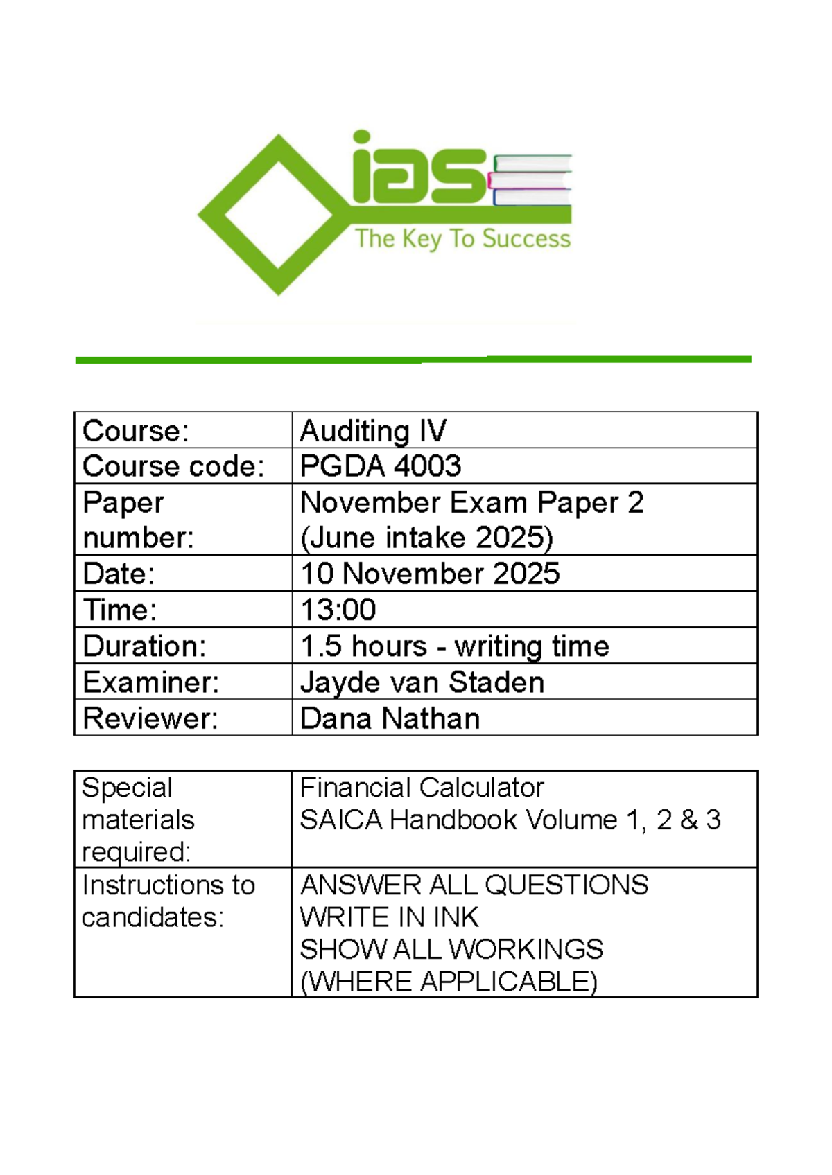 IAS PGDA 4003 Nov 2025 Auditing IV Paper 2 - June Intake Exam - Studocu