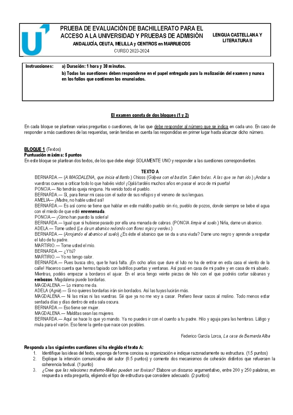 Examen Suplente-B: Lengua Castellana y Literatura II - Prueba de ...