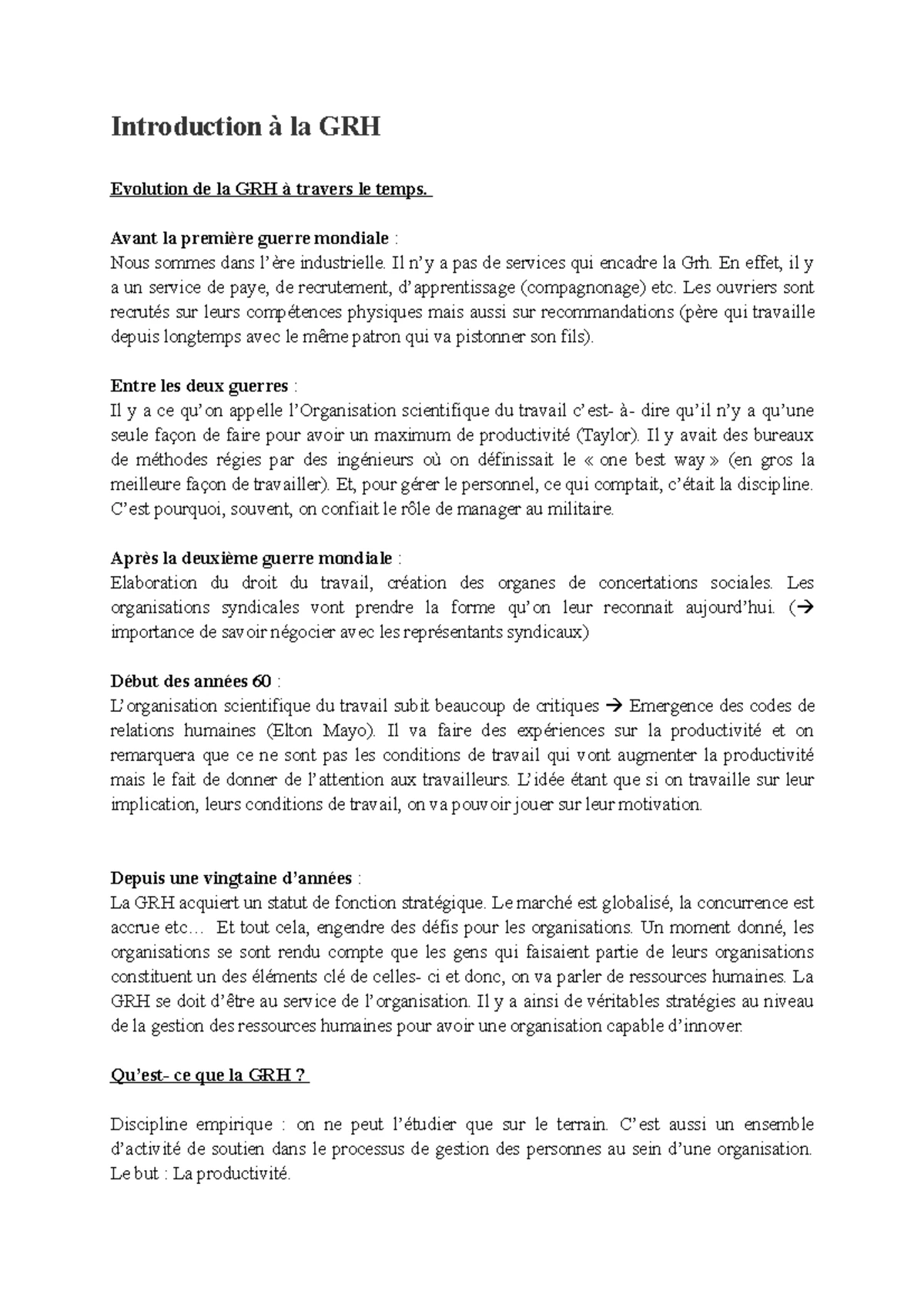 Introduction à la GRH : Concepts et Évolutions - SOCA 411 - Studocu