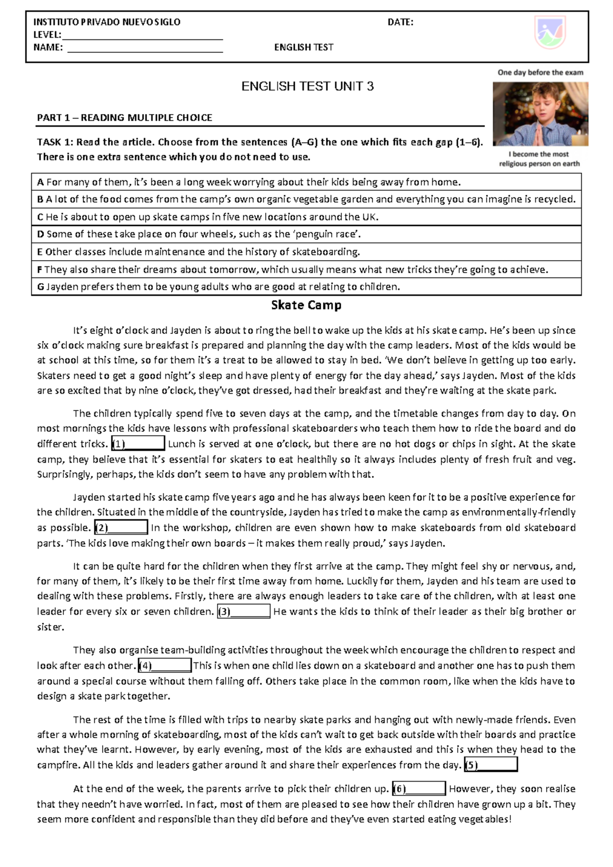English Exam Unit 3: Reading Comprehension & Vocabulary Tasks - Studocu
