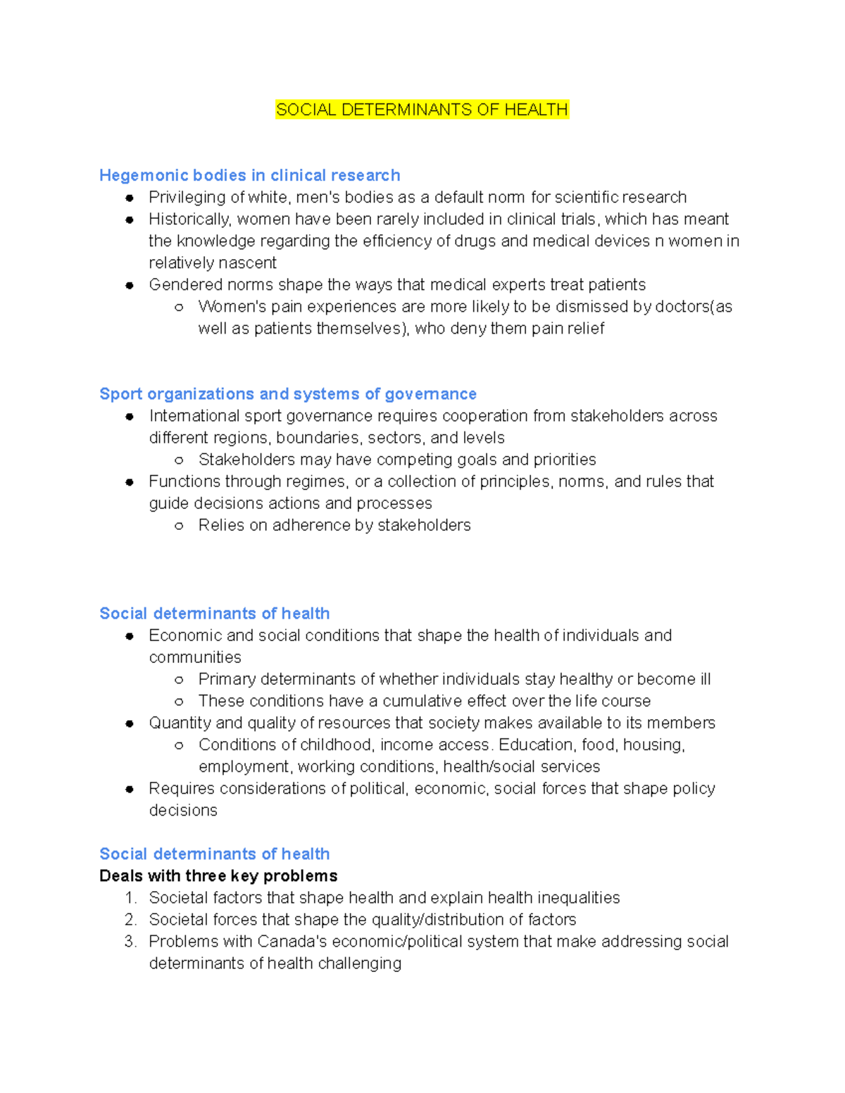 Social Determinants of Health: Inequalities and Governance Issues - Studocu