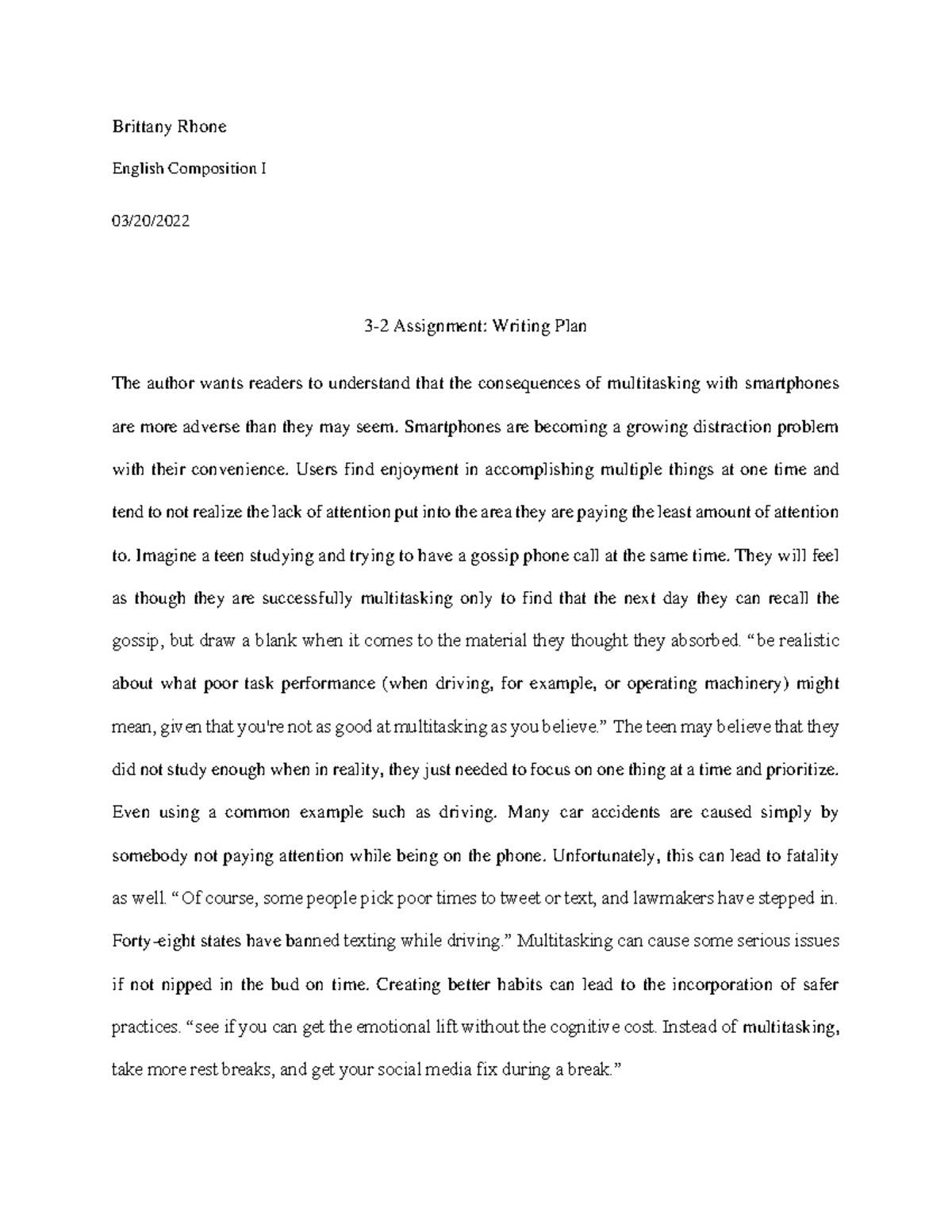 English Composition I (3-2) Writing Plan: Multitasking and Its Risks ...