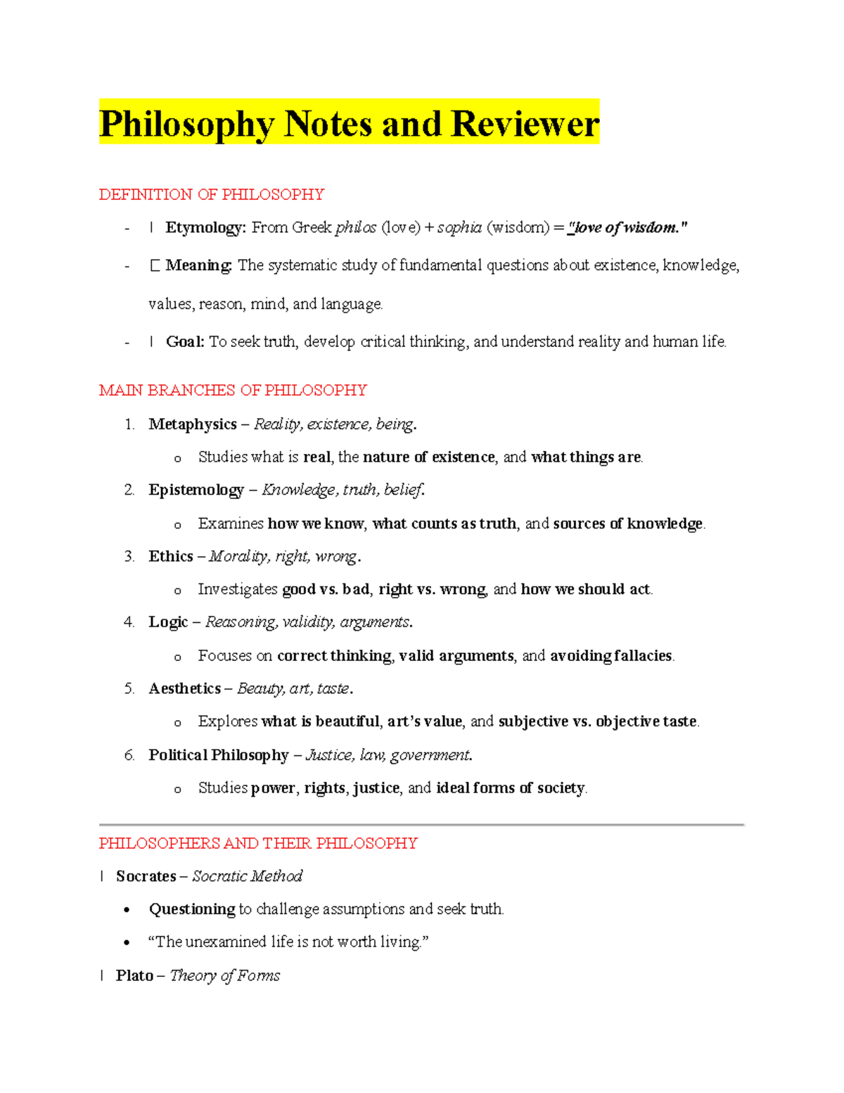 Philosophy Notes & Reviewer: Key Concepts & Branches - Studocu