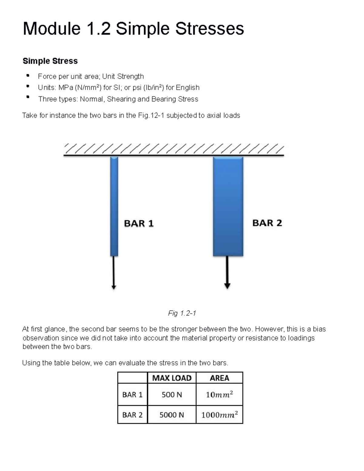 Module 1.2 Simple Stresses CE 205 - Mechanics of Deformable Bodies ...