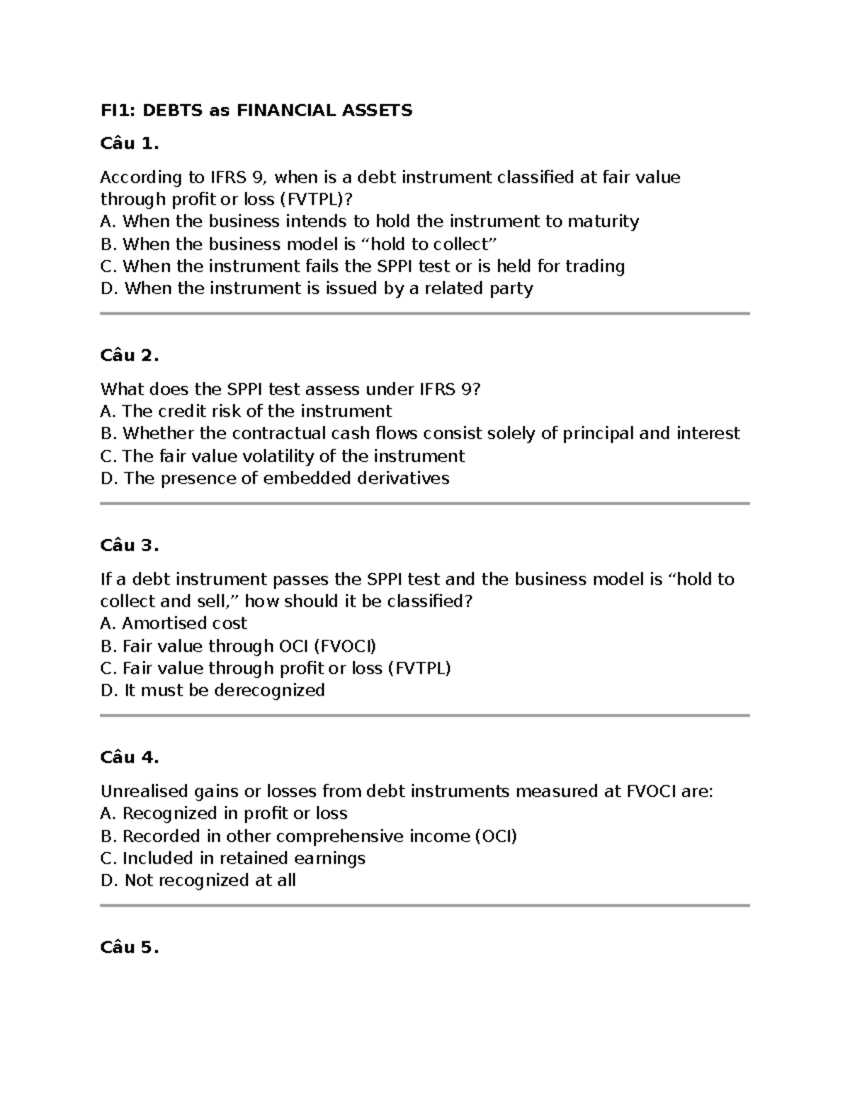 Quiz FI1: Debts as Financial Assets - IFRS Advanced Questions - Studocu