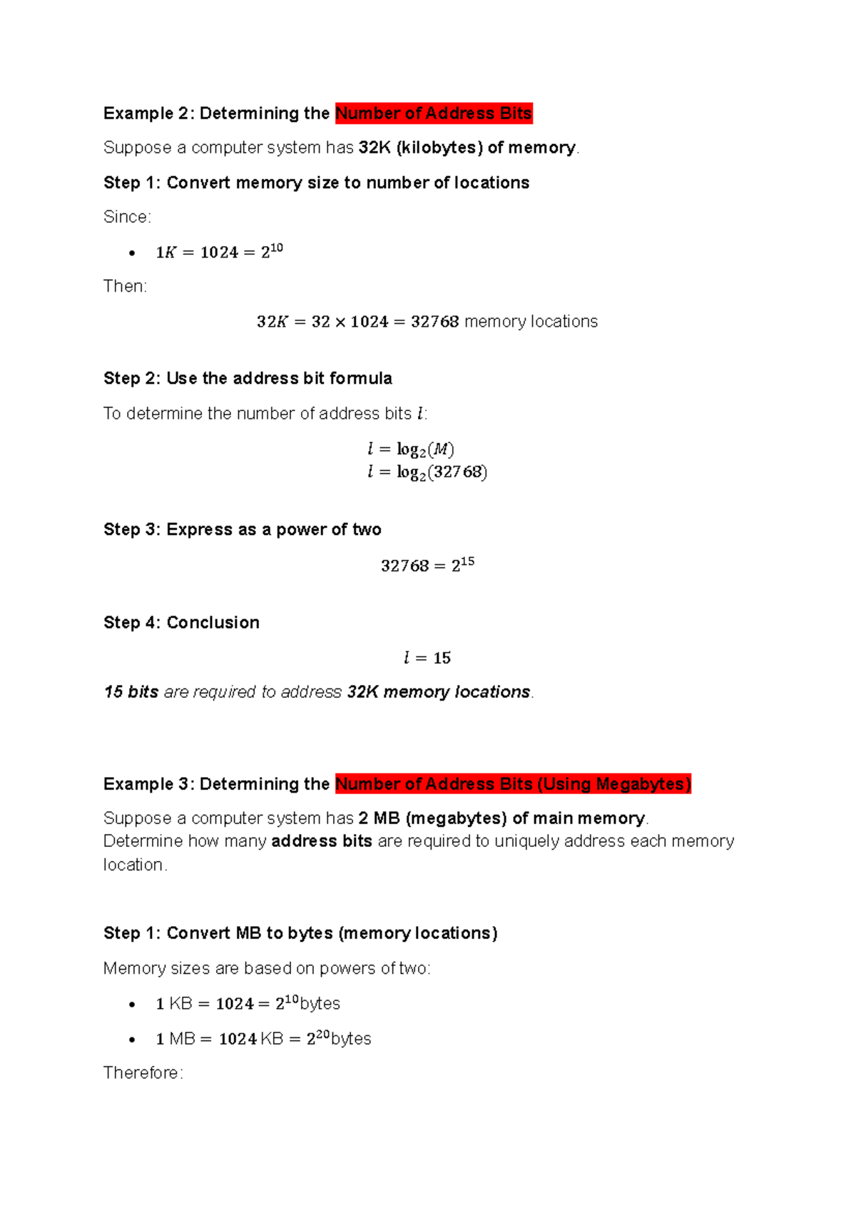CAO 11 - Address Bits Calculation for Memory Sizes - Studocu
