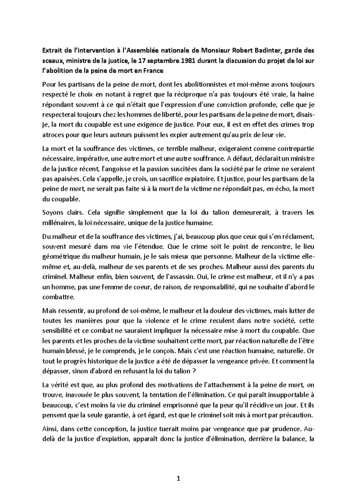 Texte Badinter sur la peine de mort en France - Analyse et Réflexions ...