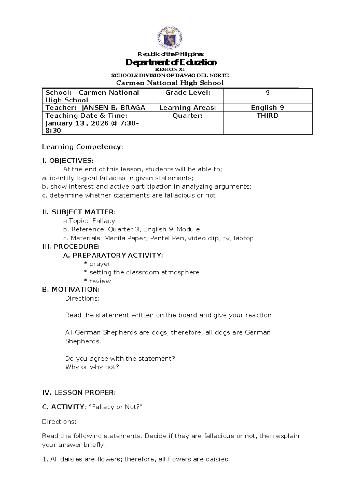 Lesson Plan: Identifying Logical Fallacies in English 9 - Studocu