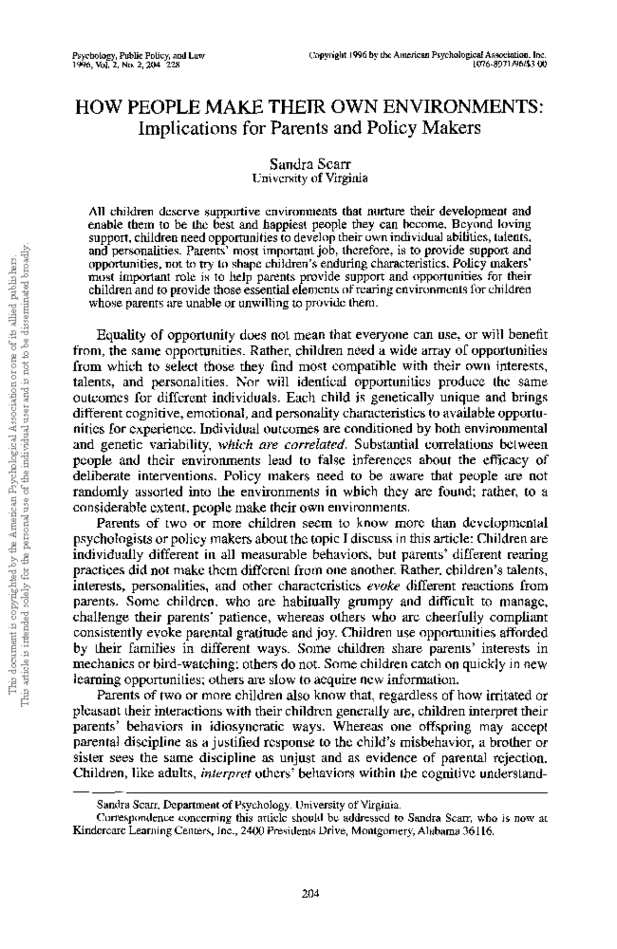 Psychology, Public Policy, and Law 1996: Environments Shaped by ...