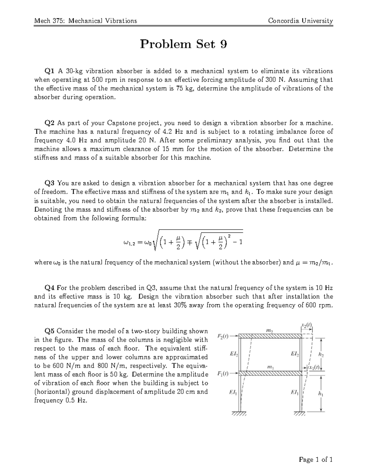 MECH 375: Mechanical Vibrations - Problem Set 9 Solutions - Studocu