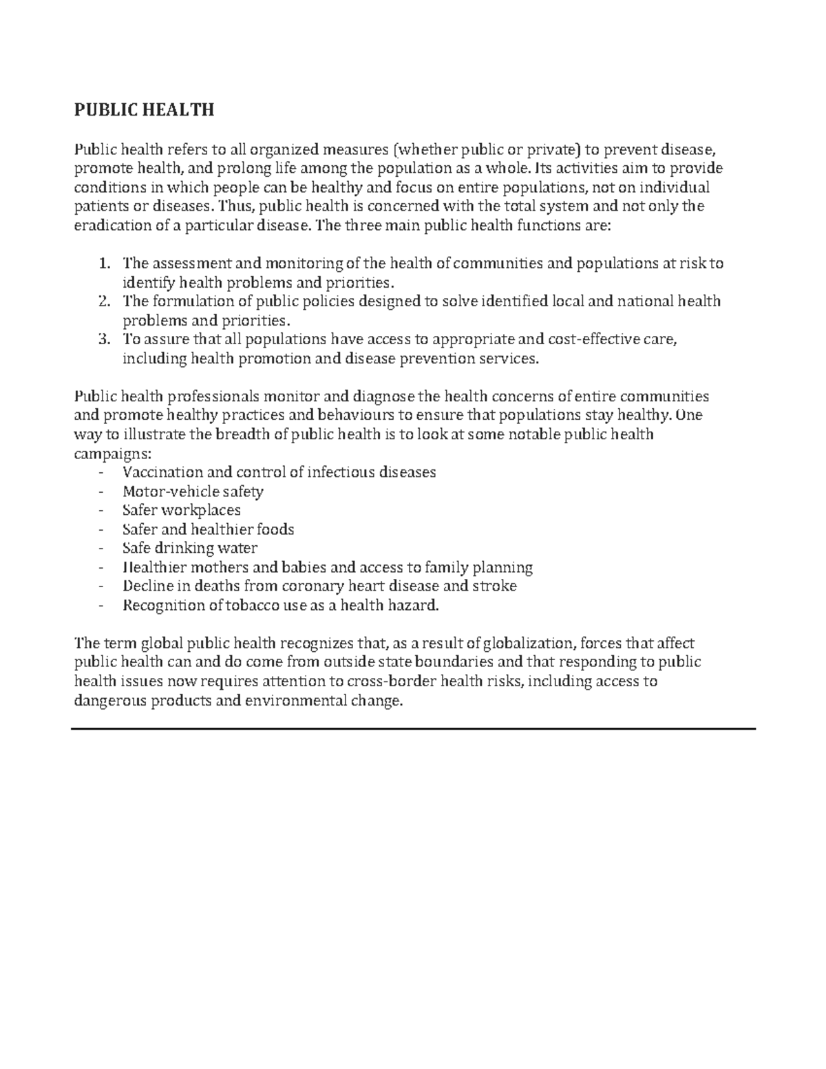 Lecture 1 - Public Health - PUBLIC HEALTH Public health refers to all ...