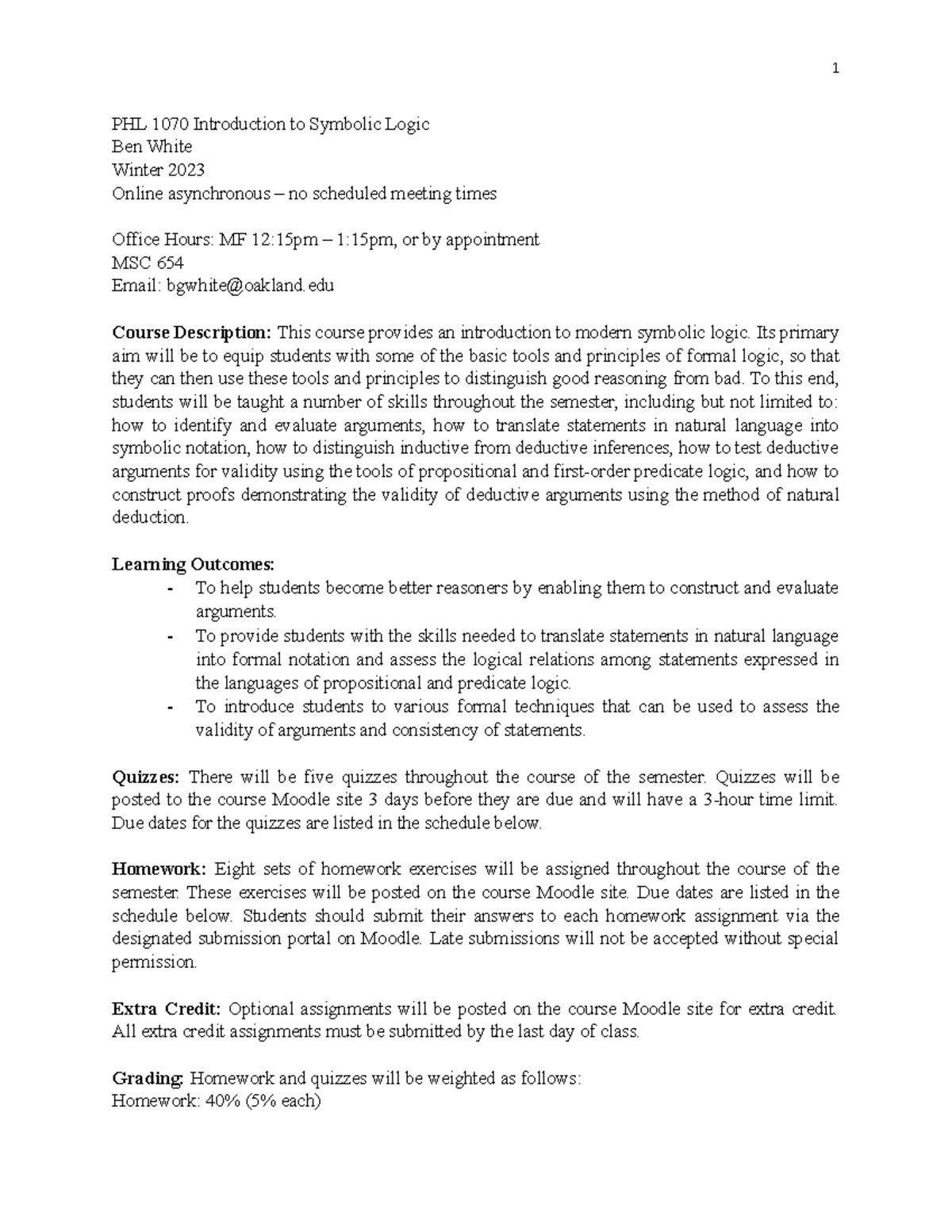 PHL 1070 Introduction to Symbolic Logic Syllabus - Winter 2023 - Studocu