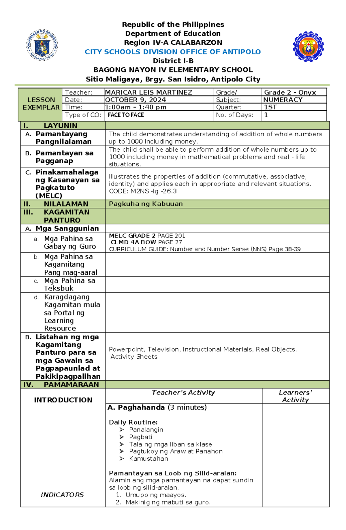 CO1 MATH 2 2023-2024 - LESSON PLAN IN MATH - Republic of the ...