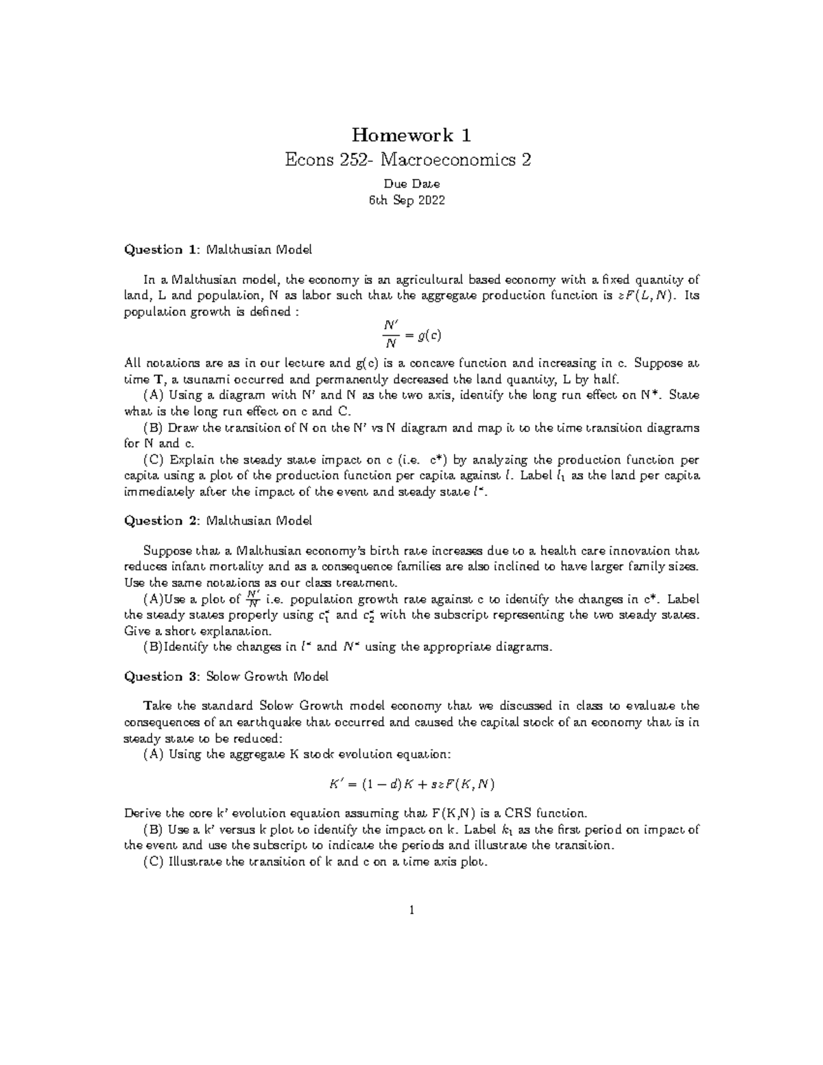 Macro 2 HW1 Sol1 - Worksheet - Homework 1 Econs 252- Macroeconomics 2 ...