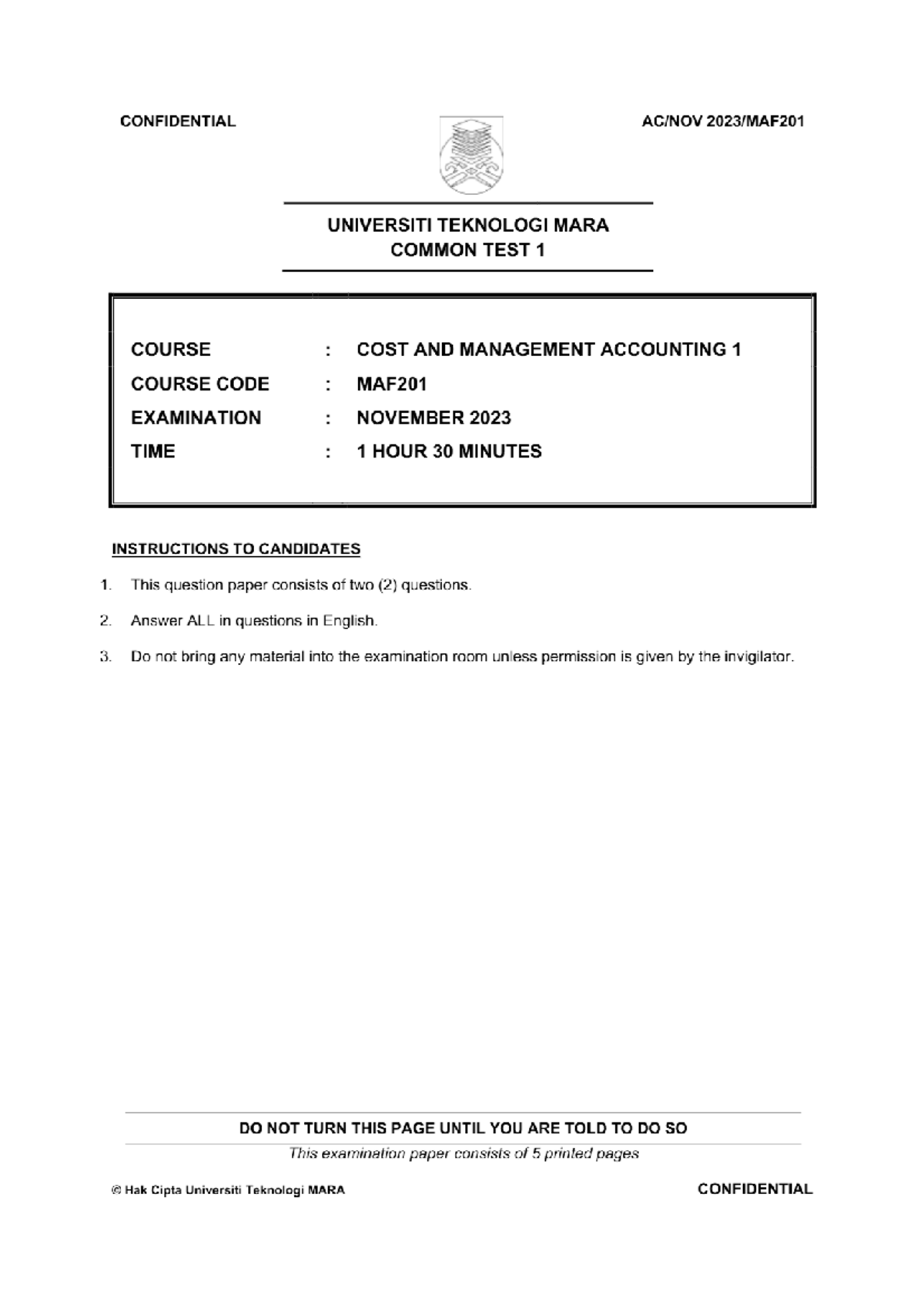 MAF201 Common Test 1 Nov 2023 - Cost & Management Accounting - Studocu