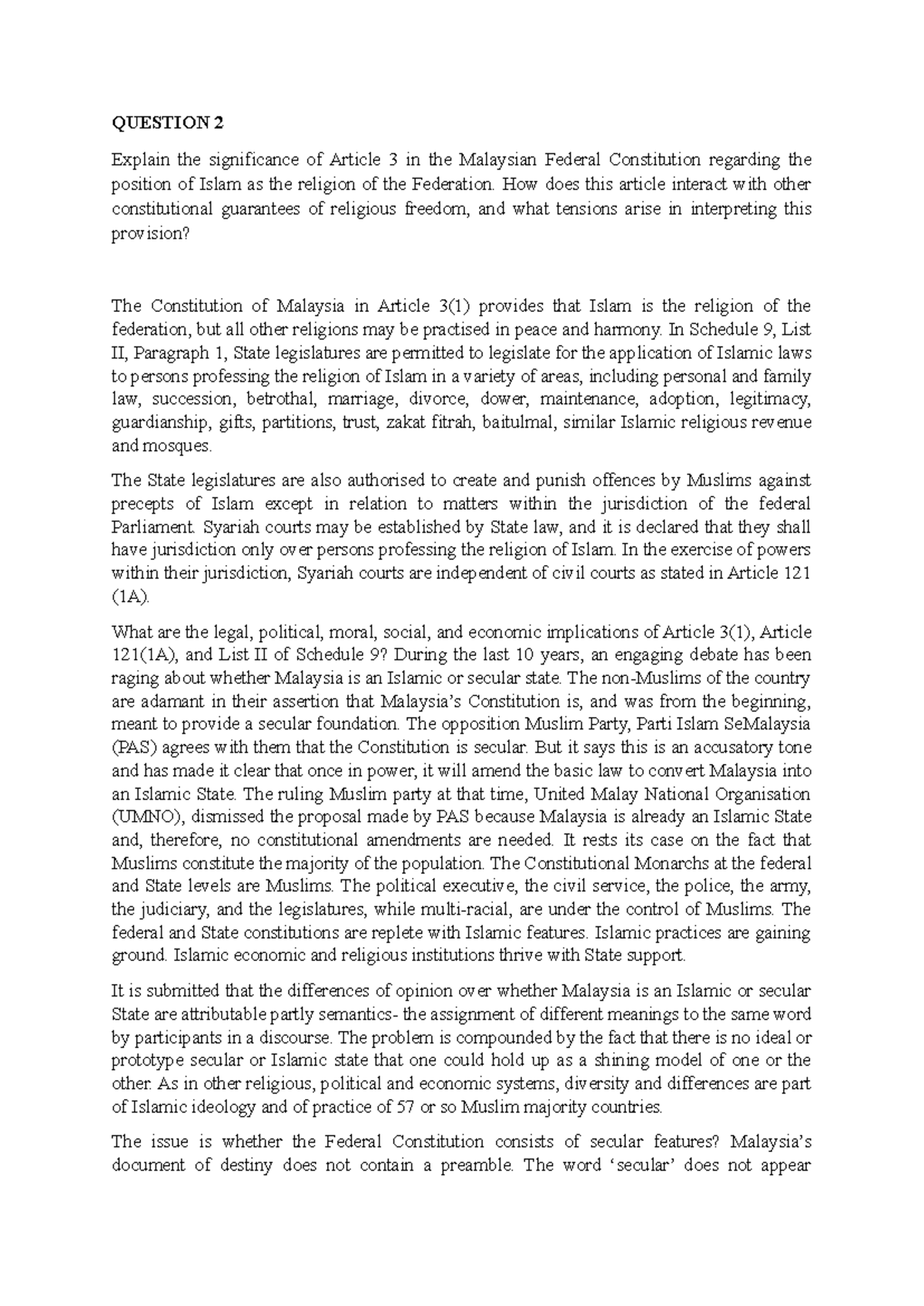 Constitutional Law Tutorial Week 3: Article 3 and Islam's Role in ...