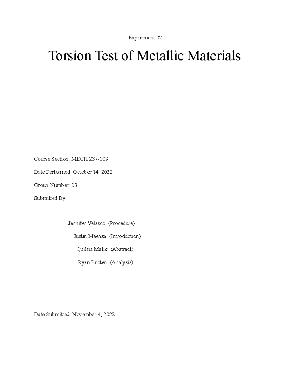 MECH 237 - Lab Report: Torsion Test of 1018 Steel Materials - Studocu