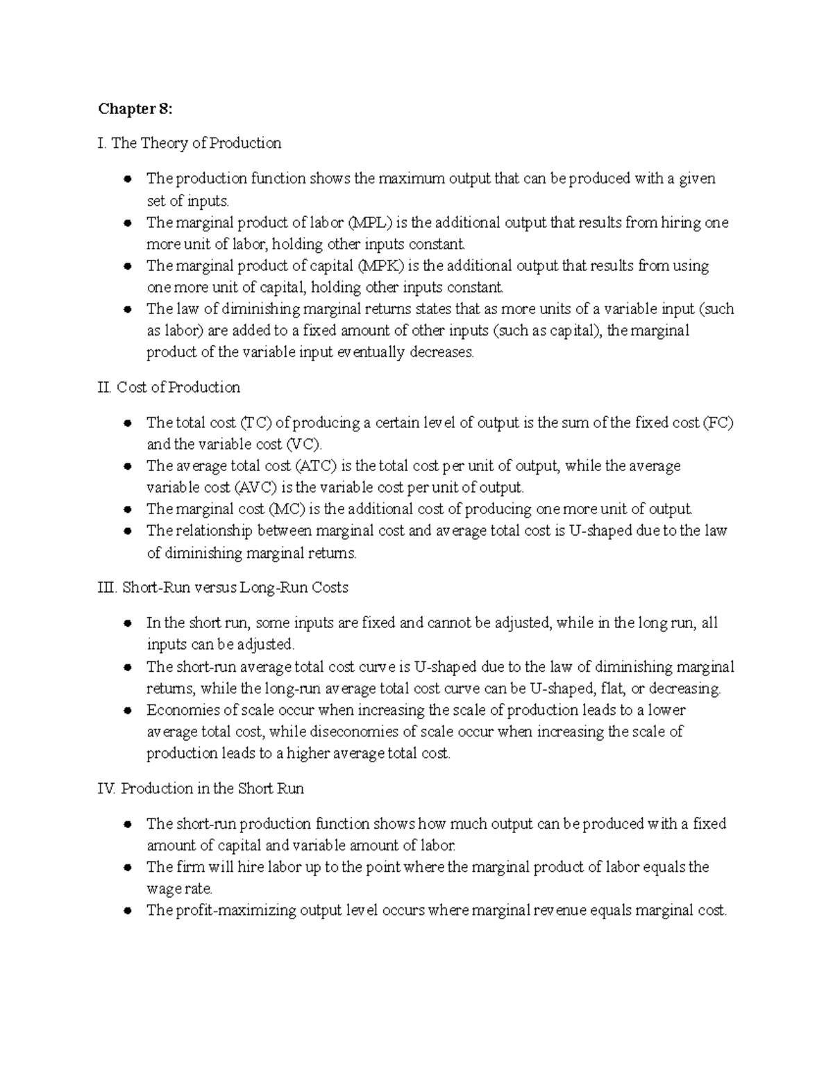 ECON 402 Chapter 8 - Production Theory and Cost Analysis Notes - Studocu