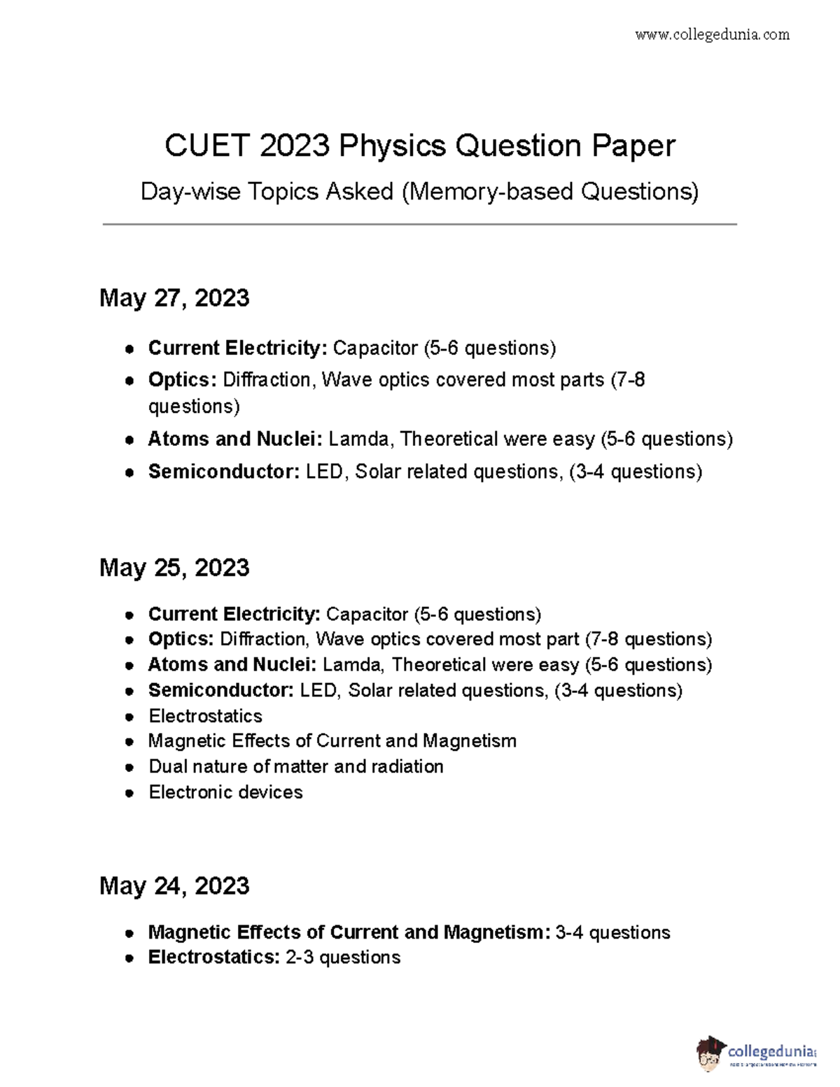 CUET 2023 Physics Final Exam Question Paper Overview - Studocu